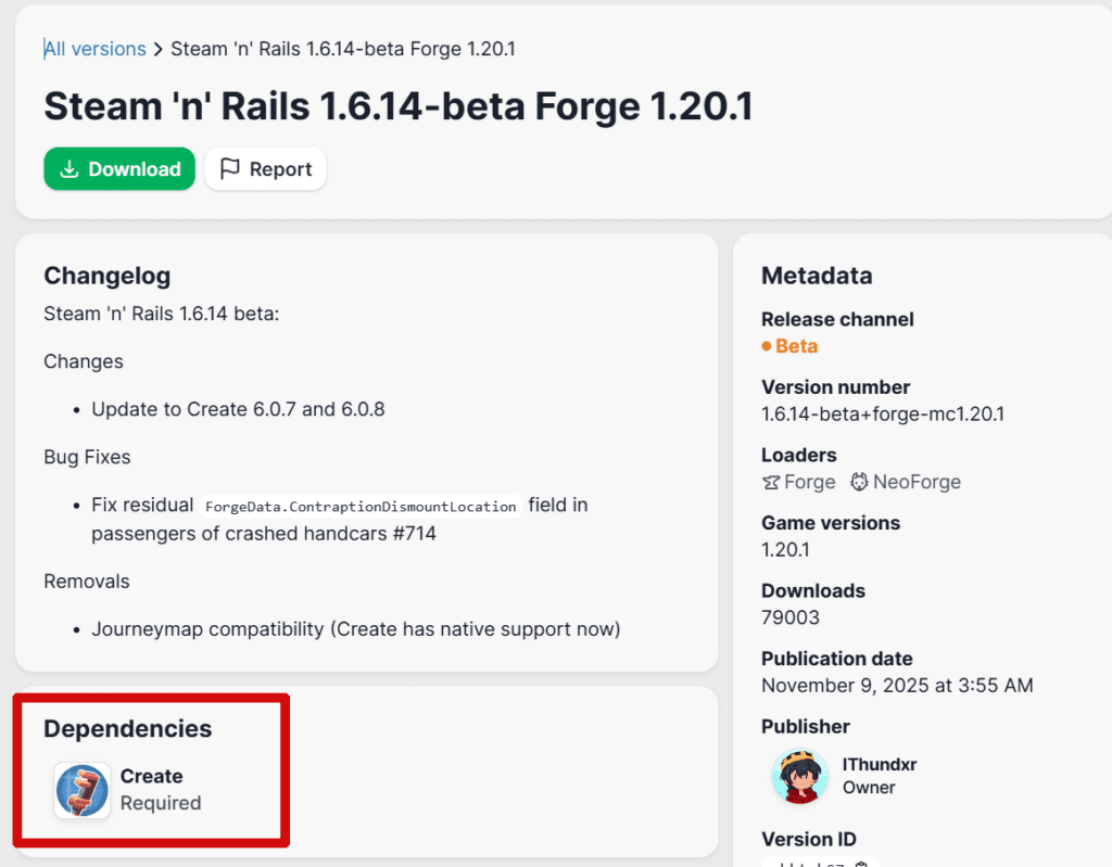صفحة المود كاتبين الـDependencies المطلوبة، بحال Create فهاد المثال.