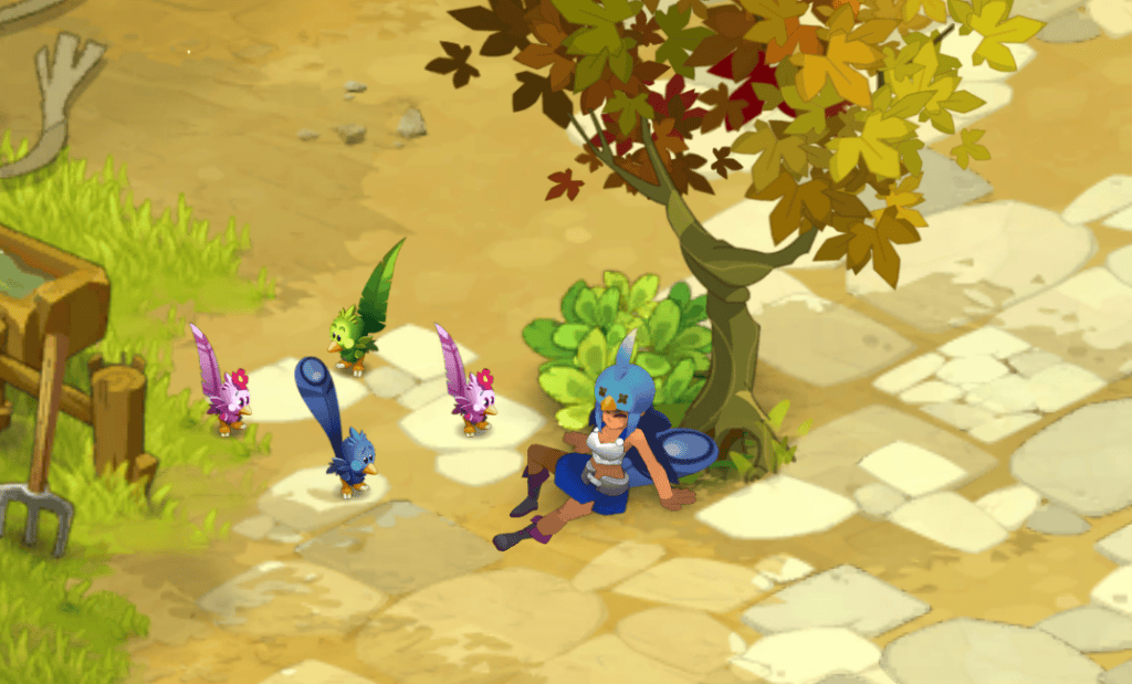 شخصية Law-V لابسة لباس Piou الأزرق وجالسة وسط مجموعة من طيور Piou في DOFUS.